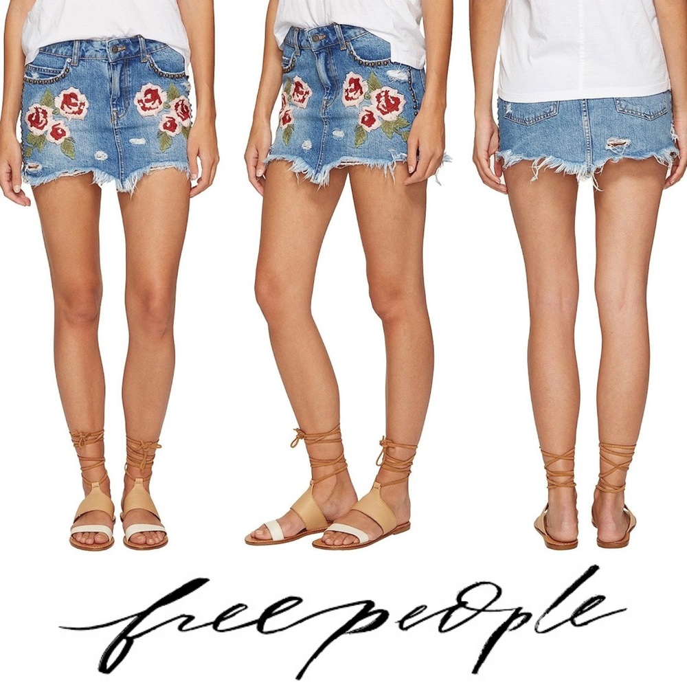 Free People | Wild Rose Embroidered Riveted Distressed Denim Jean Mini Skirt 24